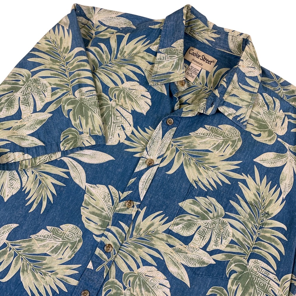 Cooke Street Honolulu Mens XL Blue Tropical Leaf Pineapple Cotton Hawaiian Shirt